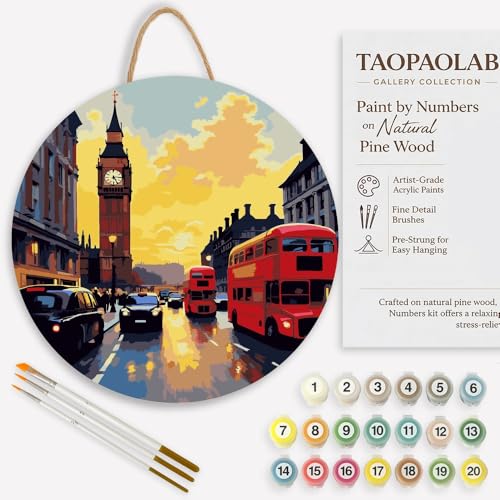 TAOPAOLAB City Paint by Numbers Kit for Adults on Wood Board – DIY London Big Ben Red Bus Wood Craft Painting Kit, 12 in Round, Acrylic Paint Set, Beginner-Friendly, Relaxing Home Decor Gift - color: FM10692