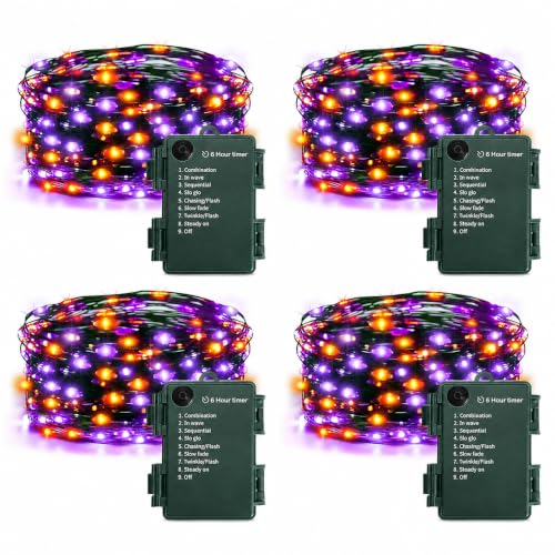 KOUQIYA Christmas String Lights 4 Pack, 18ft 50 LEDs Battery Starry Light with Timer 8 Modes Waterproof Tree Lights for Outdoor Indoor Xmas Garden Party Decor (Orange Purple) - color: Orange Purple, size: 50 LEDs x 4 Pack