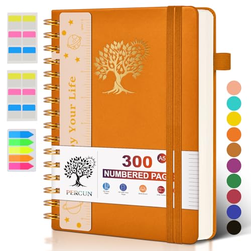 Spiral Notebook Journal for Women Men, 300 Numbered Lined Pages, College Ruled, A5 Hardcover Spiral Bound Notebook for School, Work, Note Taking Writing, Leather Spiral Journal Medium 5.9"x8.5" - color: Orange, size: A5 size (5.9in x 8.5in)