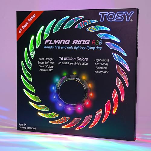 TOSY Flying Ring - 36 RGB Multicolor or 12 Monocolor LEDs, Super Bright, Lost Mode, Auto Light Up, Camping Essentials for Kid/Teen/Boy/Girl, Safe & Soft, Waterproof, Pool/Beach Games, Lightweight Toy - color: Rgb Ring