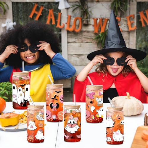 Rngmsi UV DTF Cup Wraps - 12 Sheets Halloween UV DTF Cup Wraps for 16 oz Glass, Cute Ghost Pumpkin Skull Bat Cobweb Cat Rub on Transfer Stickers, Uvdtf Decals for Mug Water Bottles, DIY Crafts - style: Halloween Ghost