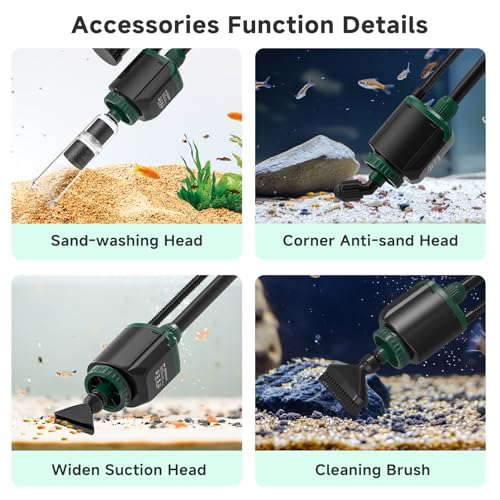 AQQA 6-in-1 Aquarium Gravel Cleaner, 600GPH Adjustable Flow Aquarium Vacuum | Electric DC Fish Tank Cleaner, Extendable Length, Supports Changing Water, Washing Sand, Water Filtering and Circulation