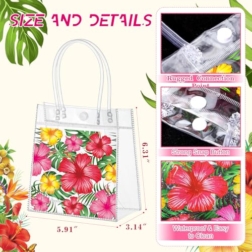 Aliceset 24 Pcs Clear Hawaiian Gift Bags with Handles Tropical Floral Hawaiian Luau Party Favor Bag for Aloha Theme Tropical Luau Summer Party with Palm Leaves 6.31"x 5.91"x 3.15" - style: Hibiscus with Leaves