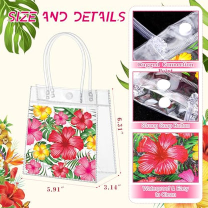 Aliceset 24 Pcs Clear Hawaiian Gift Bags with Handles Tropical Floral Hawaiian Luau Party Favor Bag for Aloha Theme Tropical Luau Summer Party with Palm Leaves 6.31"x 5.91"x 3.15" - style: Hibiscus with Leaves