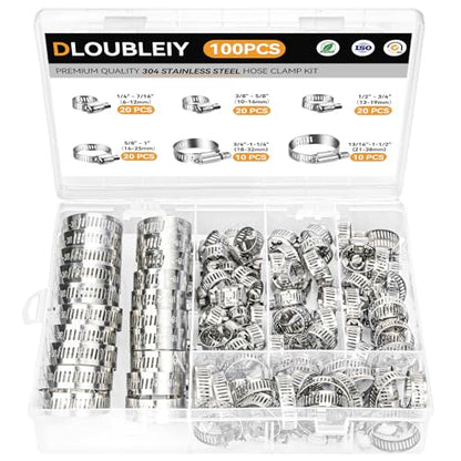 100PCS Hose Clamp Assortment Kit, Stainless Steel Worm Gear Clamp | Adjustable Clamps, Fits 1/4'' to 1 1/2'' (6-38mm) for Plumbing, Automotive, Fuel Line, Air Hose, and Mechanical Applications - size: 100PCS Kit (6-38mm)