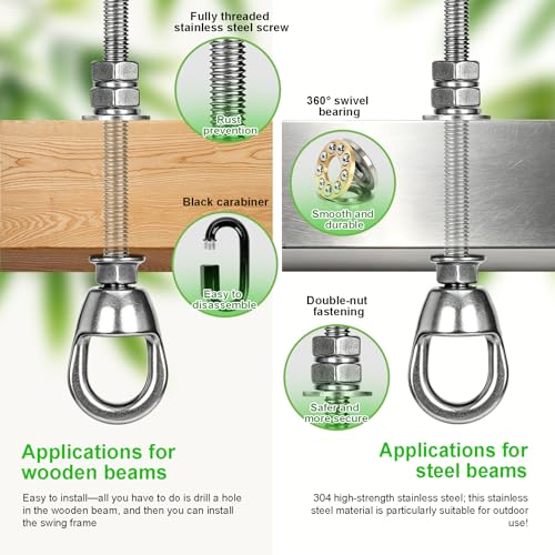 Heavy Duty 800LBS Punching Bag Hanger Swivel Ceiling Hook, 360 Bearing Rotation Stainless Steel Swing Anchor with Quick Release Carabiner, Anti Loose Double Nut Mount for Boxing Hammock Swing
