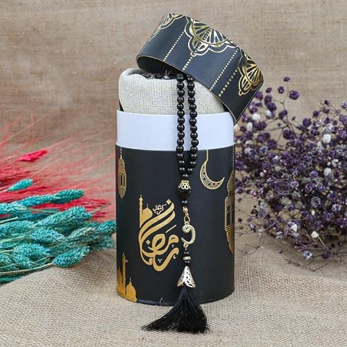 VHD Muslim Prayer Rug Set, Janamaz Salah Set, Islamic Tasbih Mat Set (Black) - color: Black