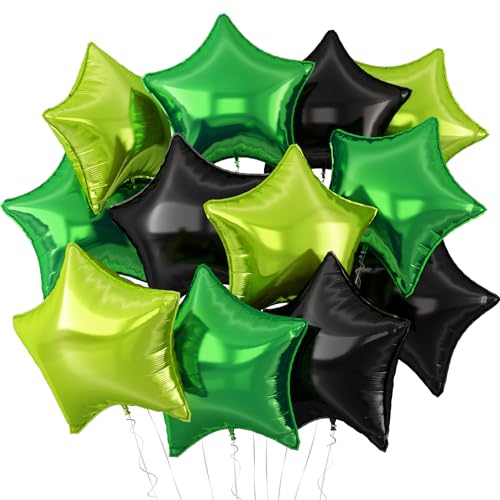 Black Green Star Balloons,12Pcs Black Light Green Star Shaped Foil Balloons,18Inch Large Helium Balloon for Soccer Video Games Theme Birthday Anniversary Party Decorations - color: Black Green