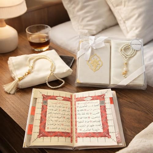 SAJADAH Muslim Prayer Rug Set - 4 in One Islamic Gifts Set, Prayer Mat, Prayer Beads, Hijab, Surahs Book,Eid Gifts - color: Cream