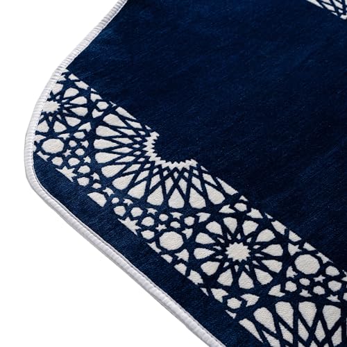 Modefa Turkish Islamic Prayer Mat - Chenille with Foam and Carrying Bag - Intricate Praying Rug Ramadan Eid Gift - Traditional Muslim Janamaz Seccade for Men Women - Mustaqim (Navy) - color: Navy