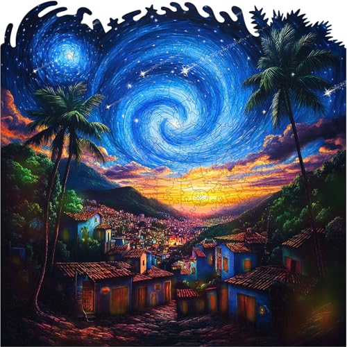 Mys Aurora 500 Pieces Puzzles for Adults, Starry Night Wooden Puzzles, Unique Shaped Jigsaw Puzzle Birthday Scenery Gift Challenging Family Game for Kids and Adults 15.9 * 15.9 Inches - color: Starry Night, size: King