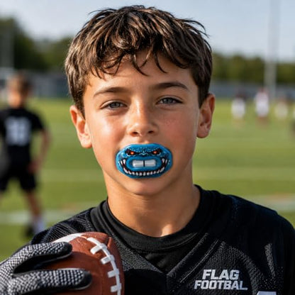 Oral Mart Flag Football Mouth Guard with 3D LipFit Design for Kids - Youth Football Mouthguard (No Boil) Cool Instant Fit Lip Guard Mouthpiece for Braces (Detachable Helmet Strap Included) - color: Audacious Invader