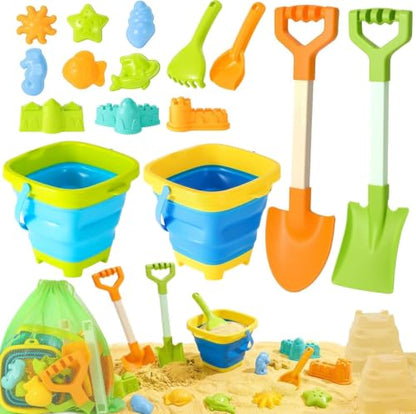 Beach Toys for Kids,Travel Sand Toys Beach Essentials for Kids Age 3-10 | Sand Castle Building Kit with 2 Collapsible Bucket,2 Long Beach Shovels,Sand Molds,Mesh Bag Sandbox Toys for Boys Girls