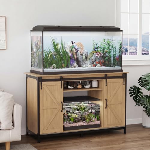VOWNER Farmhouse 55-75 Gallon Fish Tank Stand with Power Outlet, Natural | Aquarium Stand with Storage Cabinet and Sliding Barn Door, Heavy Duty Reptile Tank Stand, for 2 Tanks, 1000LBS Capacity - color: Natural