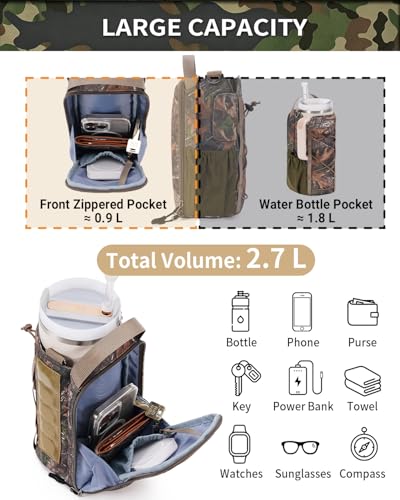 sportsnew 40oz Insulated Crossbody Water Bottle Bag Gym Hiking Phone Pocket | Water-resistant Lining, Padded Strap, Top Handle, Drawstring, Phone Pocket, Elastic Slots, Built-In Key Clip for Gym Walking - color: Woodland Camo -Magnetic