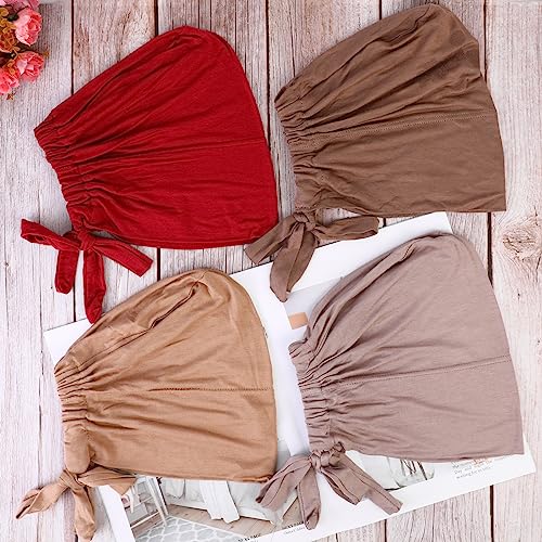 PHOGARY 4 Pcs Women Hijab Undercap, Islamic Muslim Under Hijab Cap Inner Under Scarf Hat Turban with Tie Back Closure - color: Wine, Camel, Khaki, Light Khaki