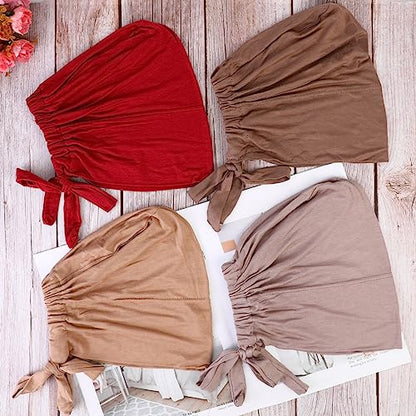 PHOGARY 4 Pcs Women Hijab Undercap, Islamic Muslim Under Hijab Cap Inner Under Scarf Hat Turban with Tie Back Closure - color: Wine, Camel, Khaki, Light Khaki
