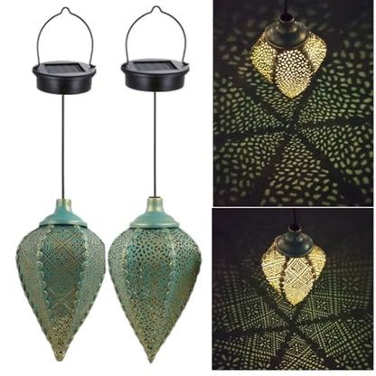 Solar Outdoor Lanterns- Hanging Lights, Set of 2 Moroccan Style Garden Party Decorative Rechargeable Lantern, Hurricane Lamps are Great for Front Porch, Patio and Yard