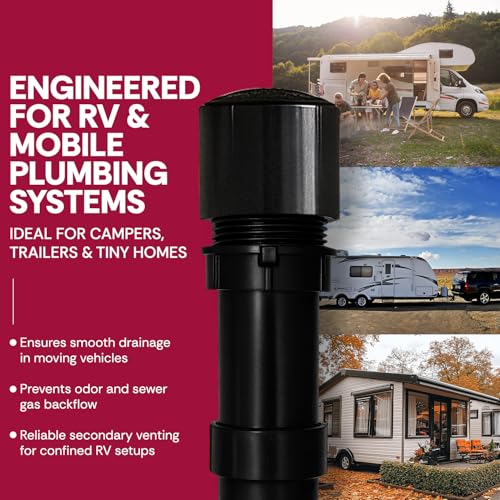 1-1/2" Male Threaded Vent Check 2 Secondary Venting Solution Air Admittance Valve AAV with Patented Spring Mechanism & Compatible with Schedule 40 ABS Adapters Designed for RVs (Black) - color: Pack of 1 - Recreational Vehicle