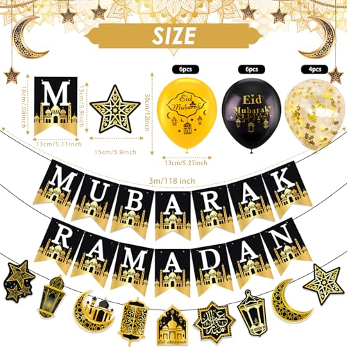 AhfuLife Eid Mubarak Banner Set Decorations, 4 Pcs Preassembled Eid Mubarak Banners with 16 Pcs Balloons, Reusable Black and Golden Ramadan Decoration, Star Moon Garland Decor for Muslim Party