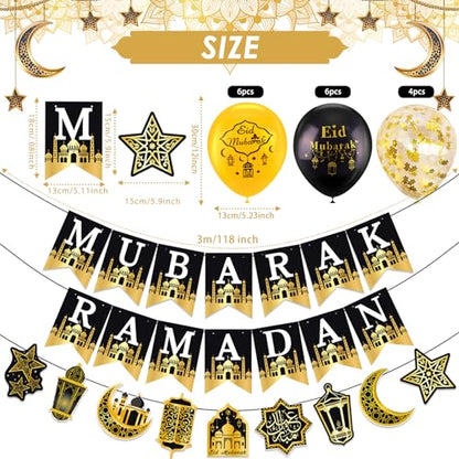 AhfuLife Eid Mubarak Banner Set Decorations, 4 Pcs Preassembled Eid Mubarak Banners with 16 Pcs Balloons, Reusable Black and Golden Ramadan Decoration, Star Moon Garland Decor for Muslim Party