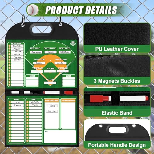 Magnetic Coaching Board – Foldable Dugout Display with Carry Handle, Leather-Covered Double-Sided Strategy & Lineup Planner for Baseball, Softball and Soccer - style: Baseballl