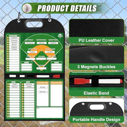 Magnetic Coaching Board – Foldable Dugout Display with Carry Handle, Leather-Covered Double-Sided Strategy & Lineup Planner for Baseball, Softball and Soccer - style: Baseballl