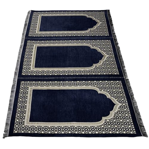 Modefa Turkish Islamic Prayer Mat - Wide Chenille Praying Mat - Multi Person Muslim Janamaz Sajada for Family - Large Gathering & Group Praying Carpet - Selcuk Star 3 Person (Navy Blue) - color: Navy Blue