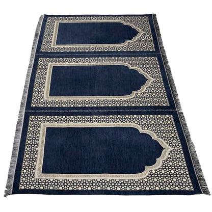 Modefa Turkish Islamic Prayer Mat - Wide Chenille Praying Mat - Multi Person Muslim Janamaz Sajada for Family - Large Gathering & Group Praying Carpet - Selcuk Star 3 Person (Navy Blue) - color: Navy Blue