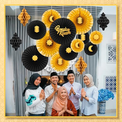 Epakh Eid al Adha 장식 29개 가정용 Eid al Adha 벽걸이 종이 랜턴 벽 천장 장식 벌집 종이 팬 장식 홈 웨딩 파티 용품 (블랙 & 골드) - color: 블랙 & 골드