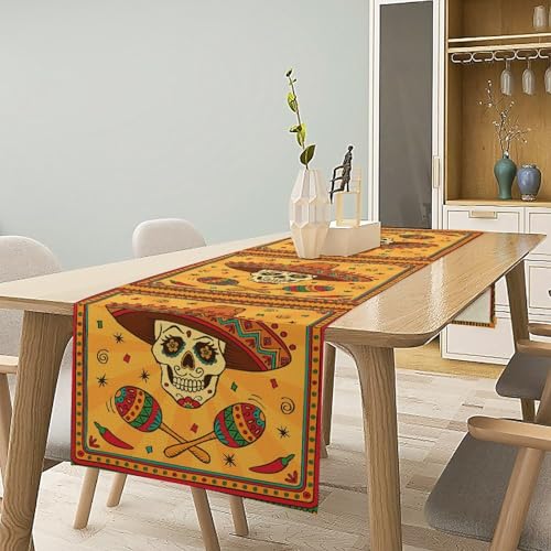Cotton Linen Table Runner Mexican, Mexican Skull Cartoon Traditional Celebration Latino Rectangle Table Collection for Dinner Wedding Birthday Party 13x36 Inch - color: Mexican-1, size: 13x36 Inch