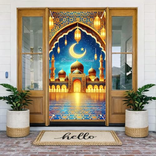 Ramadan Door Cover Ramadan Mubarak Mosque Decorative Front Door Banner Islamic Festival Porch Home Entrance Polyester Fabric Easy to Hang 35.43 x 70.87 Inch - color: Colorful Banner#01