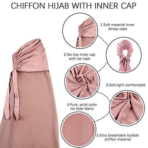 Instant Chiffon Hijab with Tie Back Under Cap Solid Color Soft Chiffon Scarf With Hijab Inner Caps For Muslim Women - color: Ash Rose