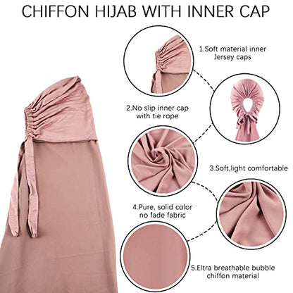 Instant Chiffon Hijab with Tie Back Under Cap Solid Color Soft Chiffon Scarf With Hijab Inner Caps For Muslim Women - color: Ash Rose