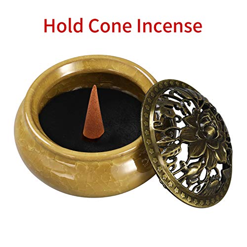 Miupoo Incense Burner and Cone Incense Holder with Brass Incense Stick Holder Ceramic Ash Catcher,Yellow - color: Yellow