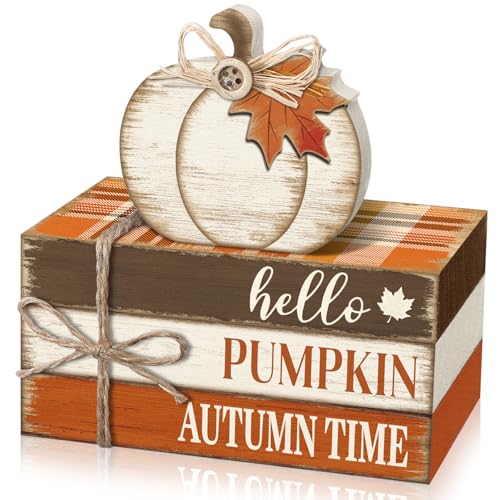 Geelin 4 Pcs Fall Tiered Tray Decorations Thanksgiving Wooden Pumpkin and Maple Leaf Book Stack Signs, Autumn Vintage Table Decoration for Home Office Table Shelf Centerpiece Farmhouse Decorations - style: Fall
