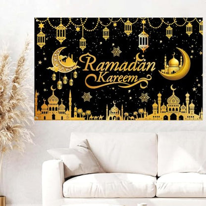 Ramadan Banner Backdrop 71x43inch Ramadan Decorations, Ramada n Decor for Home Office, Islamic Festival Party Supplies with Traditional Moon Star