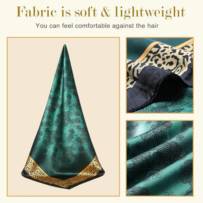 Sumolux Head Hair Scarf for Women 35" Like Satin Silk Scarf Hair Wrapping Night Bandana Large Square Scarves - color: B Dark Green Flowers