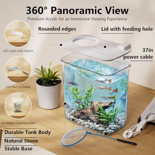 0.8 Gallon Betta Fish Tank Aquarium Starter Kit with Light and Lid(White) | Premium Acrylic Aquarium with Light and Lid, Crystal Clear Starter Kit for Betta Fish, Shrimp, Snails and Small Fish - color: White, size: 0.8 Gallon