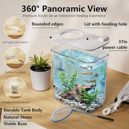 0.8 Gallon Betta Fish Tank Aquarium Starter Kit with Light and Lid(White) | Premium Acrylic Aquarium with Light and Lid, Crystal Clear Starter Kit for Betta Fish, Shrimp, Snails and Small Fish - color: White, size: 0.8 Gallon