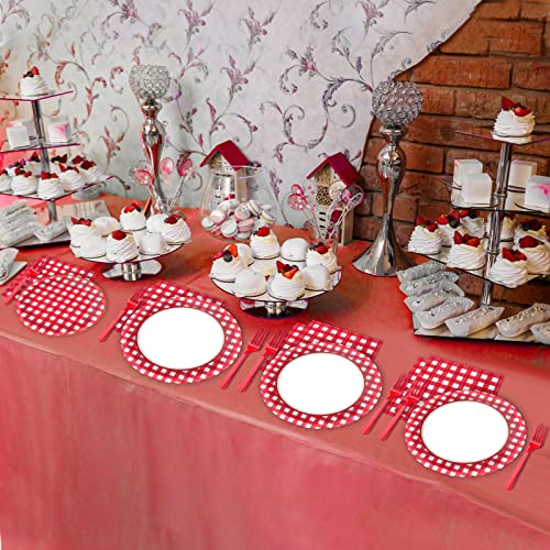 Tevxj 96 PCS Picnic Party Plates Red and White Gingham Checkered Plaid Party Tableware Barbecue Disposable Paper Plates Napkins Forks Birthday Party Decorations Supplies Favors for 24 Guests - style: Red and White Checkered