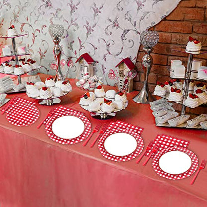 Tevxj 96 PCS Picnic Party Plates Red and White Gingham Checkered Plaid Party Tableware Barbecue Disposable Paper Plates Napkins Forks Birthday Party Decorations Supplies Favors for 24 Guests - style: Red and White Checkered
