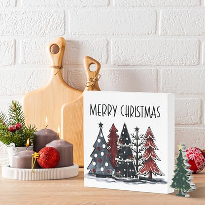 Smile 2Pcs Christmas Tree Decor Merry Christmas Square Wooden Sign | 5 x 5 Inches, Desk Table Shelf Office, Farm Decoration Kitchen - style: Christmas Trees