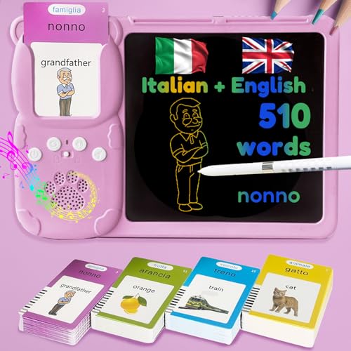Writing Tablet with Bilingual Flash Cards for Kids, Italian Pink - color: Italian, size: Pink