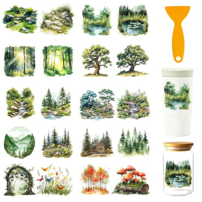 32 Pcs Spring Forest UV DTF Cup Wraps for 16OZ Glass, 4.3 x 9.4 Inch Green Tree UV DTF Transfer Stickers Waterproof Rub on Transfer Decals for Glass Bottle Vase Furniture Crafts - style: Spring Forest