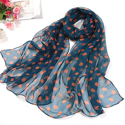 E-Clover Women Soft Floral Print Shawl Chiffon Sheer Scarf - color: Polka Dot-blue Orange