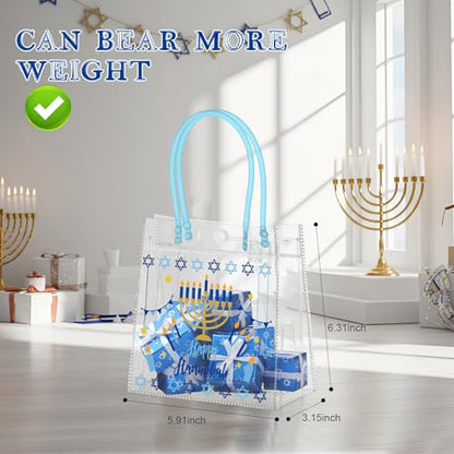 Aliceset 24 Pcs Hanukkah Gift Bags Bulk PVC Tote with Handles Clear Reusable Favor Bags with Star of David & Menorah Design for Hanukkah Party Decorations Supplies, 6.31" x 5.91" x 3.15" - style: Hanukkah