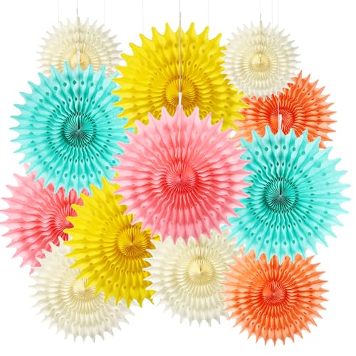 12PCS Paper Fans Colorful Rainbow Pastel Party Decorations Tissue Paper Flowers Decorations for Girl Groovy Birthday Baby Shower Wedding Bachelorette Room Wall Hanging Décor - color: Colorful