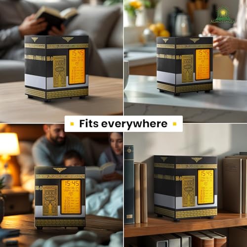 Kaaba-Shaped Azan Clock for Home, Islamic Prayer Clock with Auto-Sync, 30 Reciters, 5200mAh Rechargeable Battery, Remote and App Control, Gold Detailing
