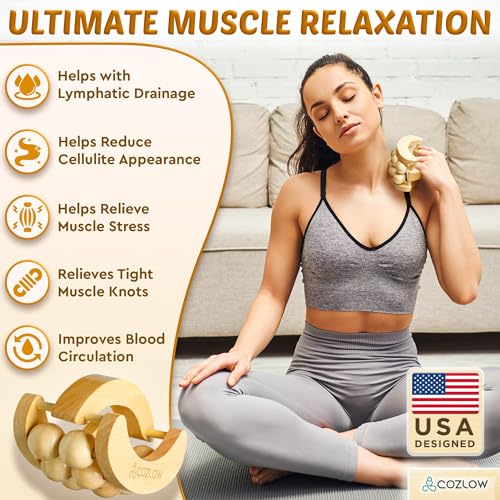 COZLOW - Wooden Massage Ball Roller - Handheld Rolling Massager for Back, Neck, Arm & Leg Muscles - Supports Lymphatic Drainage - May Help Reduce Cellulite Appearance - Pain Relief & Relaxation - color: Wood